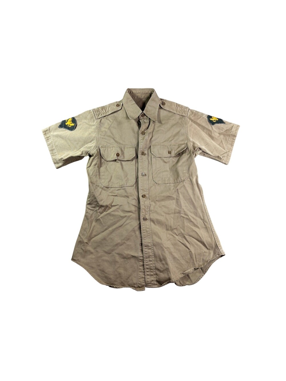 Vintage Military Utility Shirt Tan Short Sleeve Epaulets Eagle Patches Small